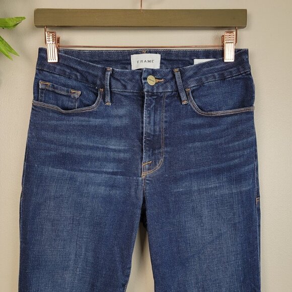 Frame Le Crop Mini Boot Ankle Flare High Rise Dark Wash Frayed Cutoff Jeans 28 - Picture 6 of 16